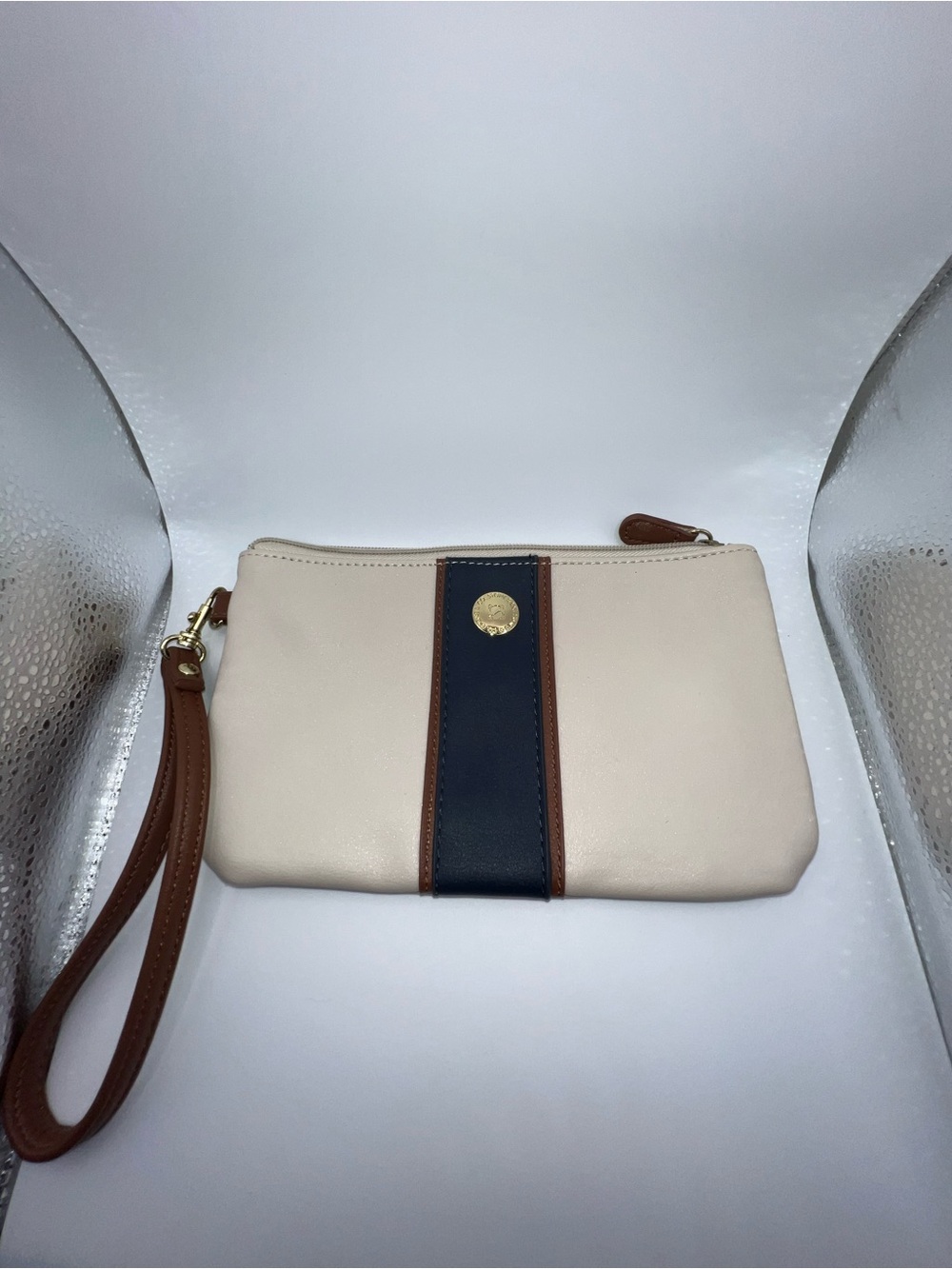 Stone & Co. Cream Wristlet with Navy Center Stripe and Brown Trim